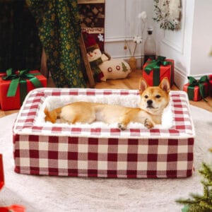 Festive Classic Tartan Cozy Dog Anti-Anxiety Calming Bed in Rich Red Tartan