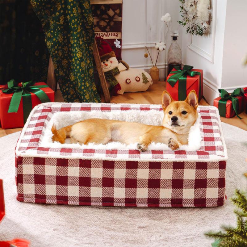 Festive Classic Tartan Cozy Dog Anti-Anxiety Calming Bed in Rich Red Tartan