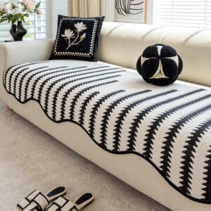 Modern Couch Cover Black - Chevron Stripes Chenille Sofa Protector with Non-Slip Design