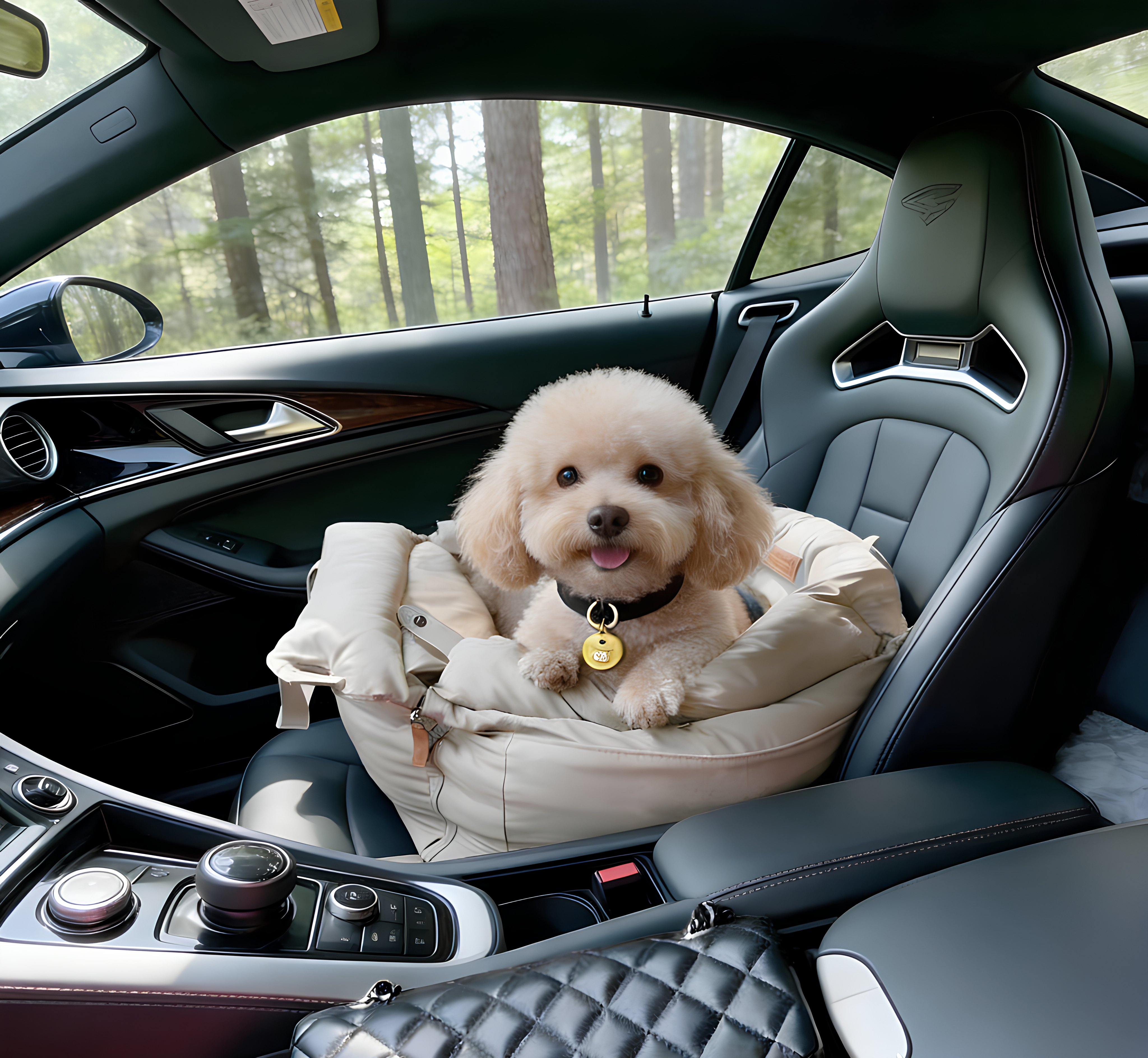 jimeng-2026-01-09-3171-把汽車內飾換成高情緒價值的超跑內裝顏色 窗外風景 森林樹木背景 寫實風格 (1)